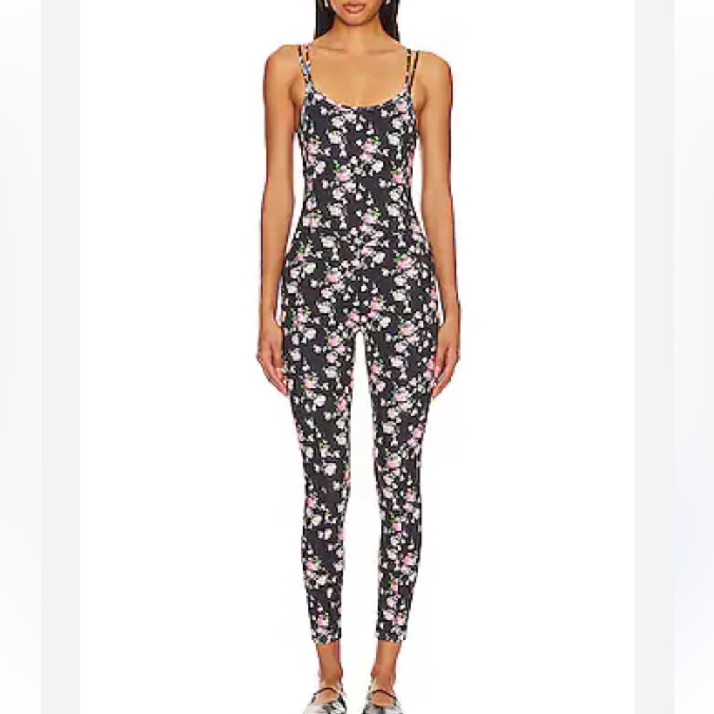 LoveShackFancy Black Floral Jumpsuit with Pink and White Flowers